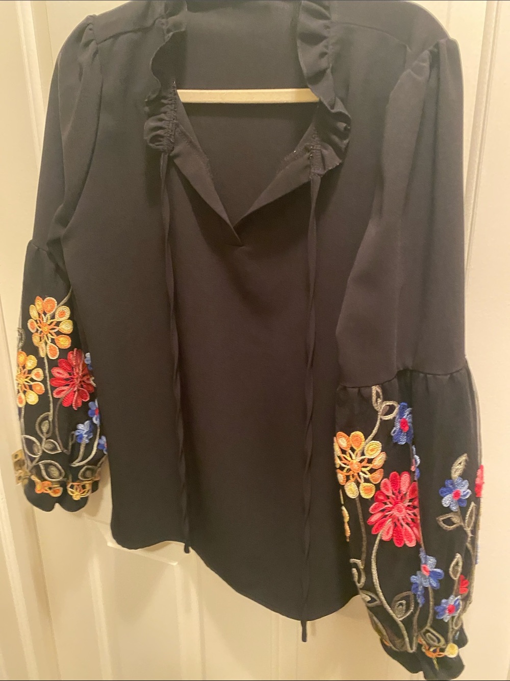 SHEIN Black Peasant Blouse with Multicolor Floral Sleeve Embroidery